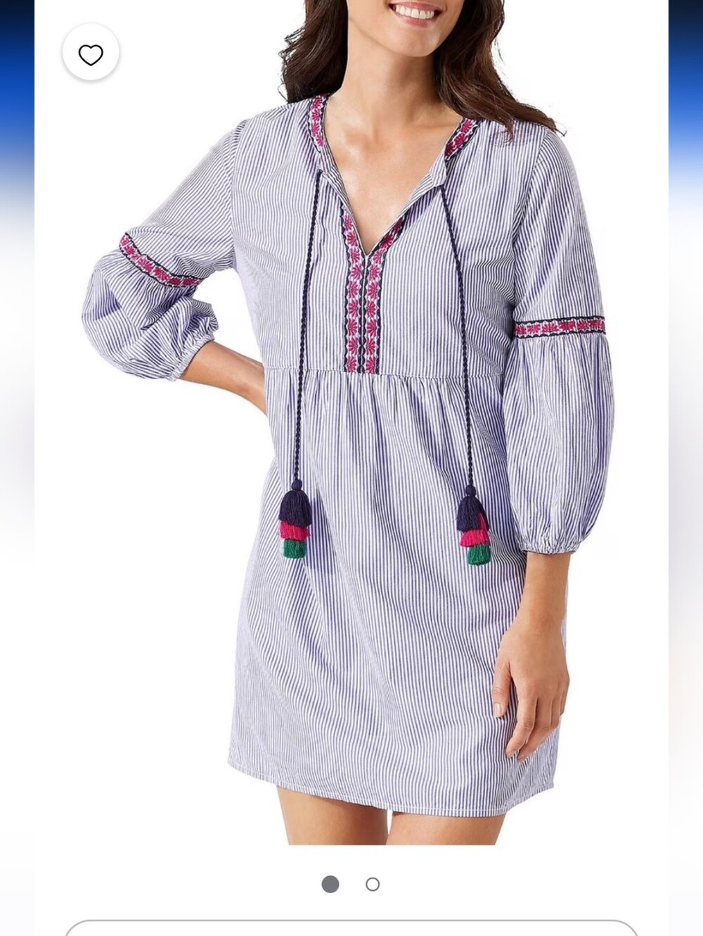 Tommy Bahama Blue and Pink Striped Tunic Dress with Tassels. Worn Once, Cotton.
